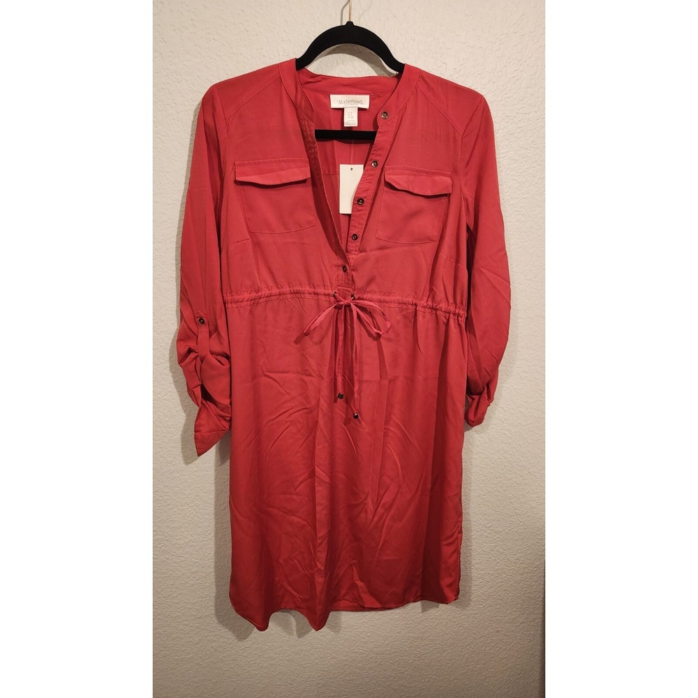 Motherhood Maternity Coral 5 Button Down Shirt Dress with Drawstring Waist Small